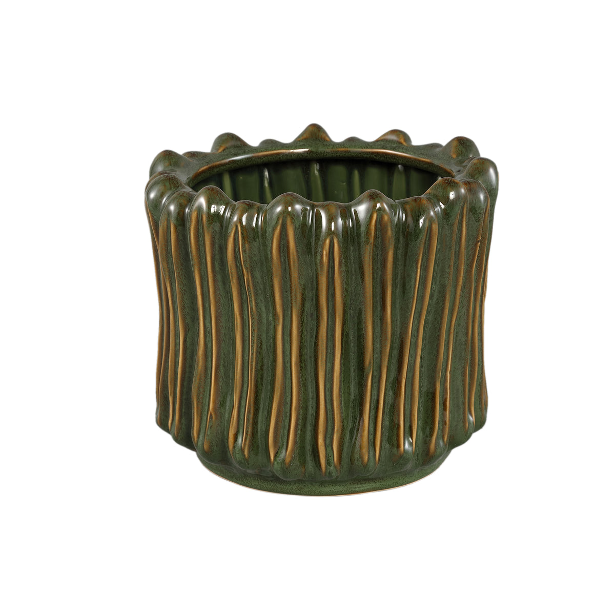 Luci Dark Green Ceramic Pot Ribbed Round XL van PTMD, donkergroene geribbelde pot op witte achtergrond