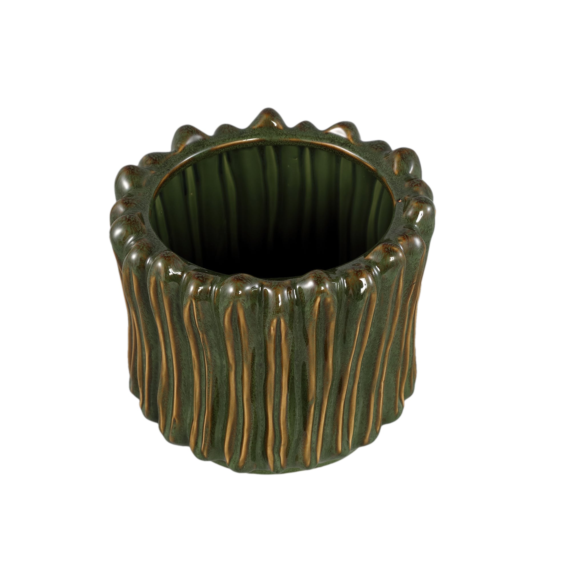 Luci Dark Green Ceramic Pot Ribbed Round XL van PTMD, packshot vanuit een andere hoek op witte achtergrond