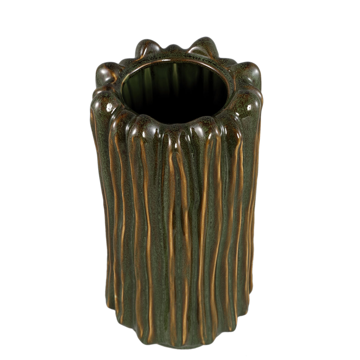 Luci Dark Green Ceramic Vase Ribbed Round L van PTMD, detail van het ribbelpatroon