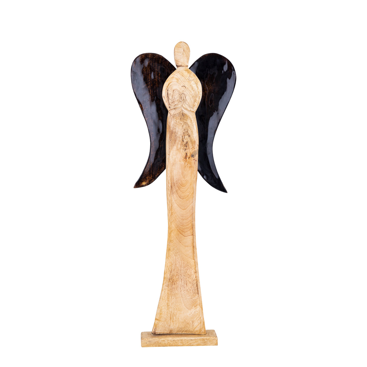 Maebha Natural Wooden Angel Statue On Base L van PTMD, houten engelbeeld op voet op witte achtergrond