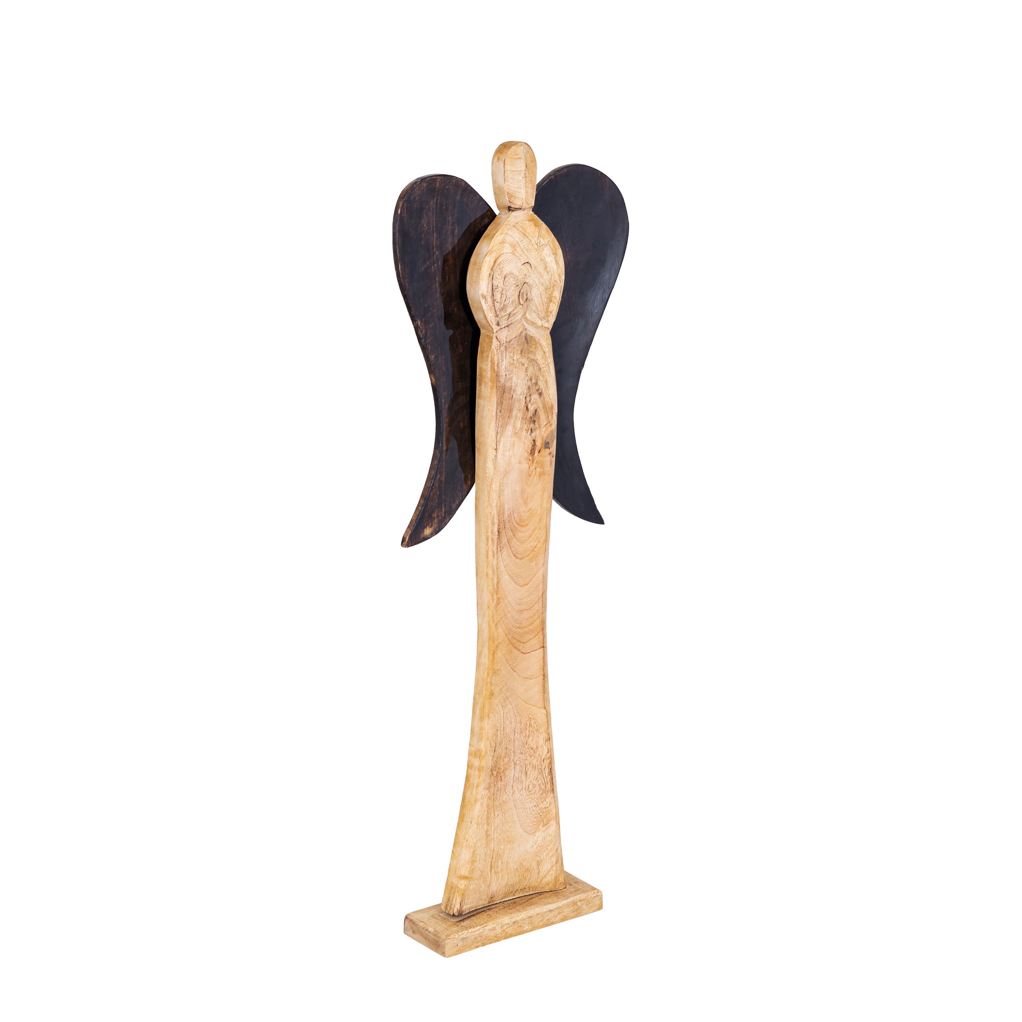 Maebha Natural Wooden Angel Statue On Base L van PTMD, packshot vanuit een andere hoek op witte achtergrond