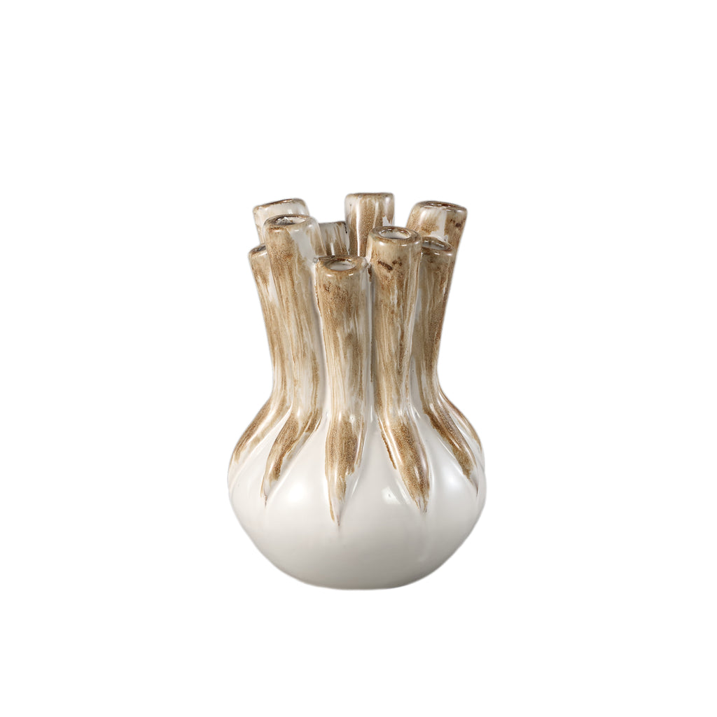 Manali Cream ceramic round vaas colored tubes M - Vaas - PTMD - livinglovely.nl