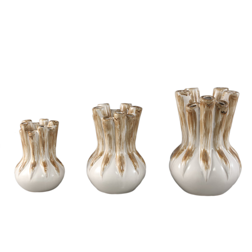 Manali Cream ceramic round vaas colored tubes M - Vaas - PTMD - livinglovely.nl