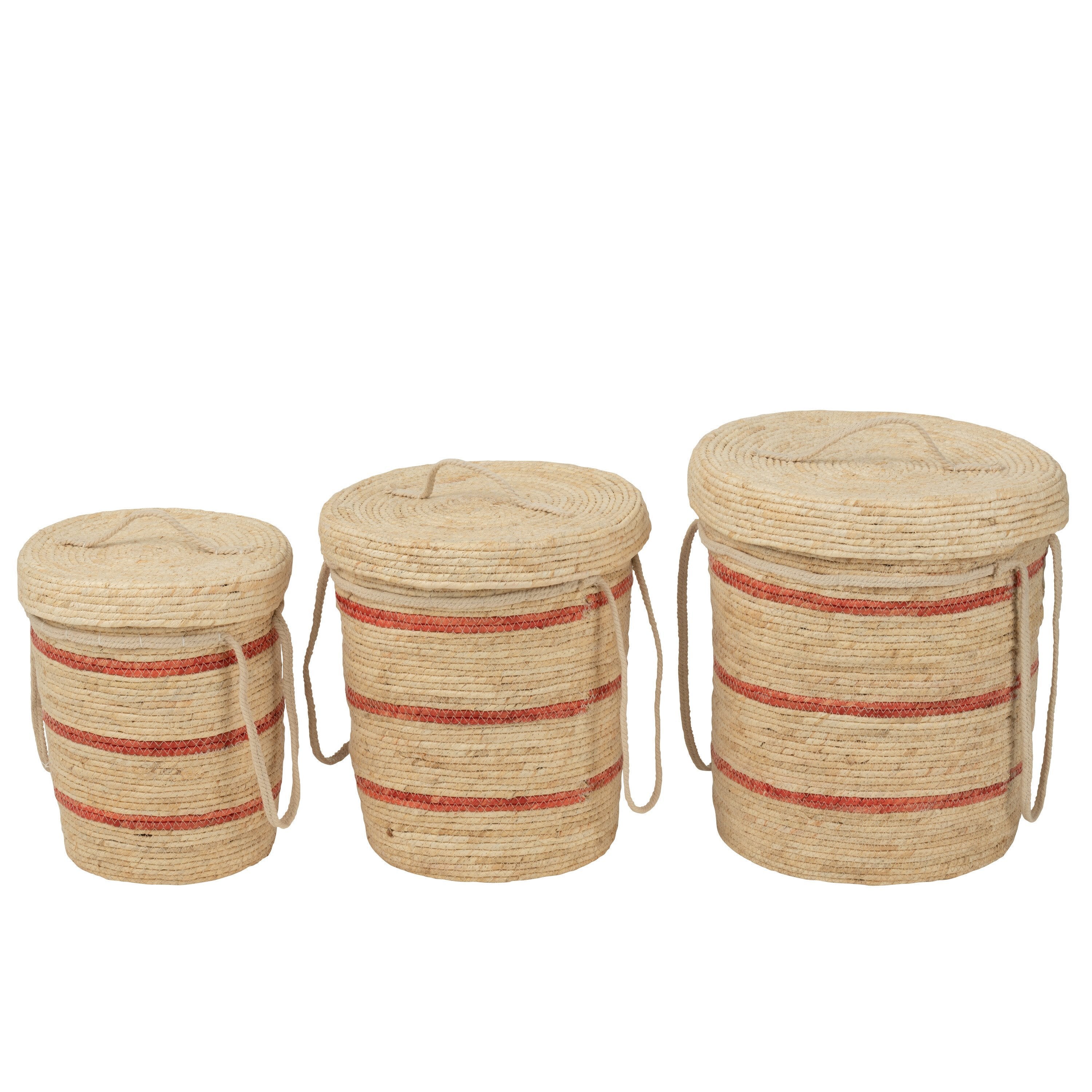 Mand Strepen + Deksel Maïs Naturel/Rood Set van 3 J-Line - Mand - J-Line - livinglovely.nl