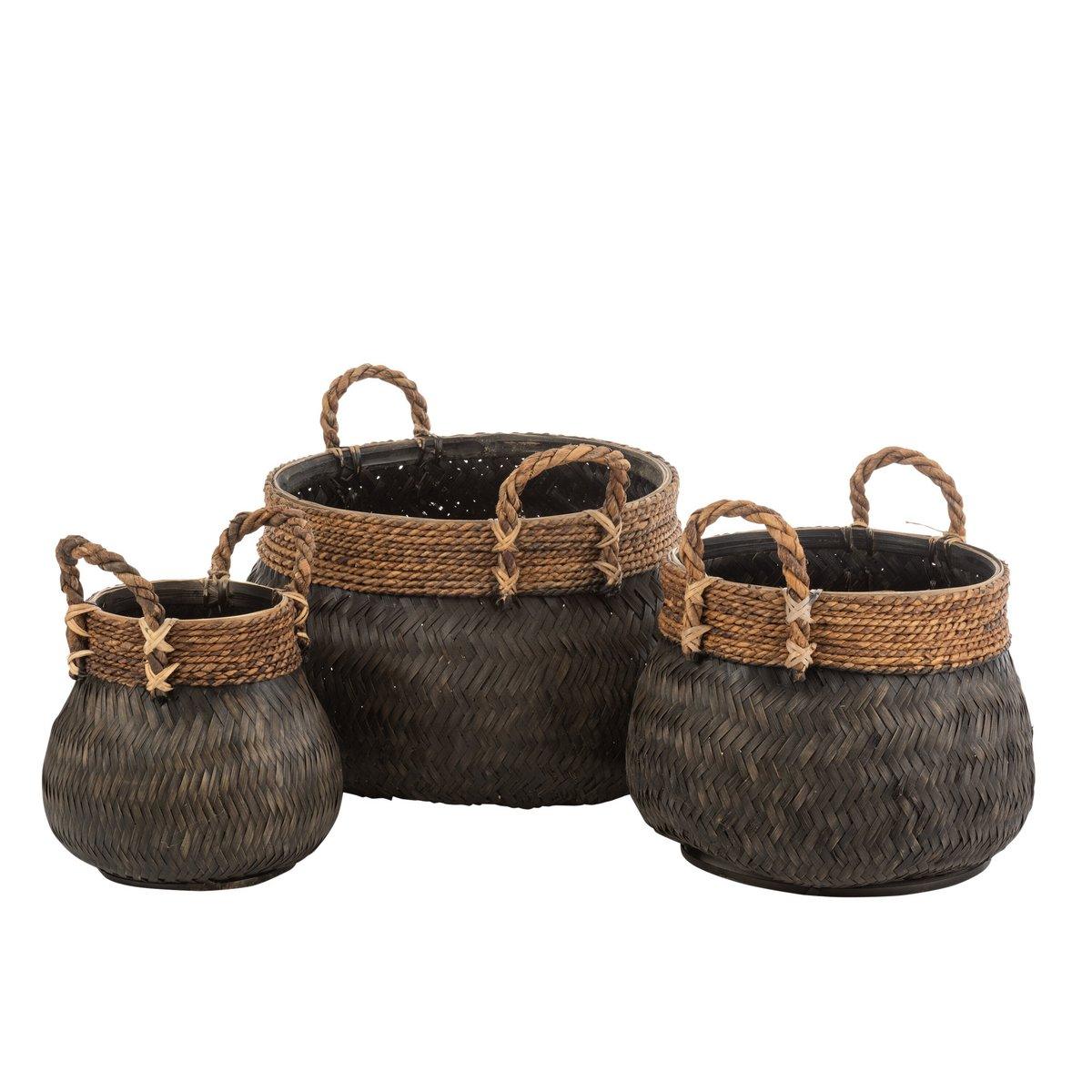Manden + Handvat Bol Bamboe + Touw Zwart Set van 3 - Mand - J-Line - livinglovely.nl