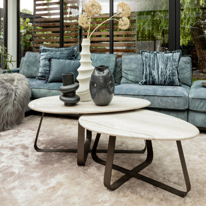 Muka Salontafel low dark grey base white marmer PTMD - Salontafel - PTMD - livinglovely.nl