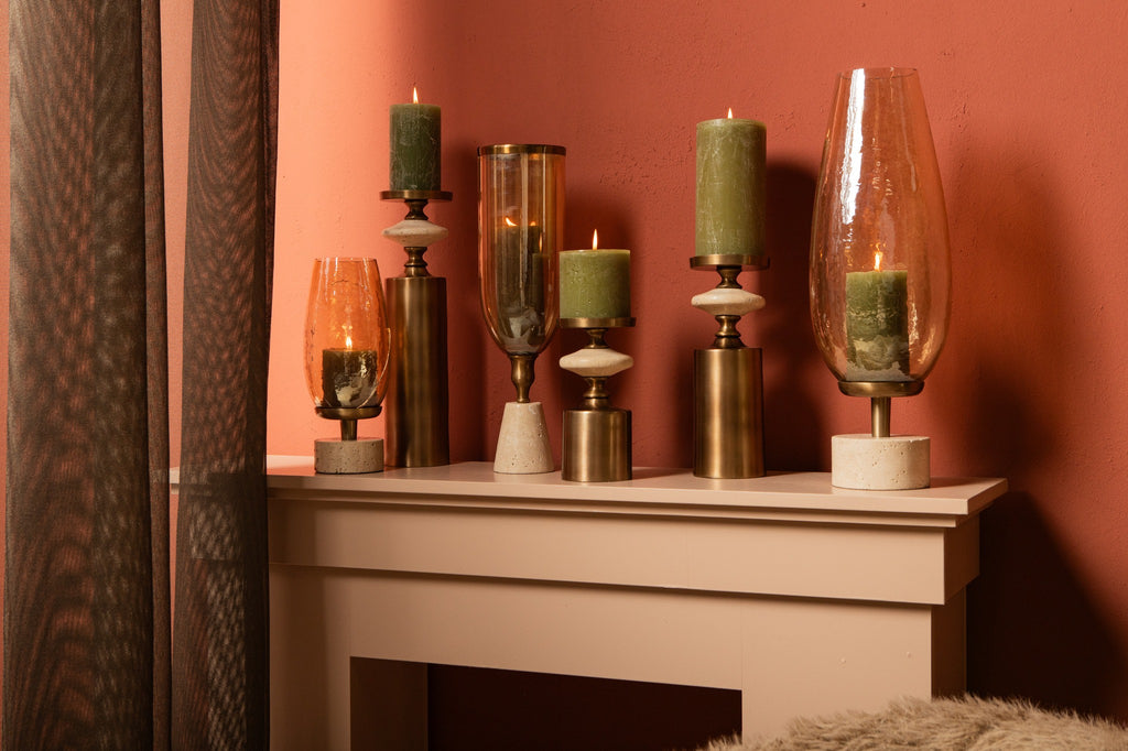 Nikolaos Brass candleholder travertine round L PTMD - Kandelaar - PTMD - livinglovely.nl