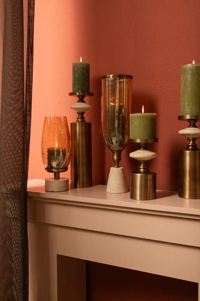 Nikolaos Brass candleholder travertine round M PTMD - Kandelaar - PTMD - livinglovely.nl