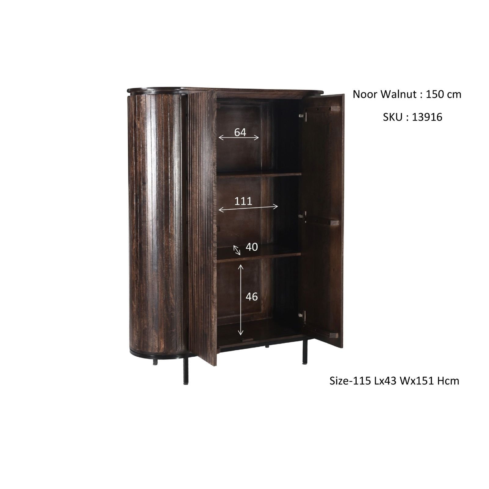 Binnenmaten van de schappen in de Noor opbergkast in Walnut