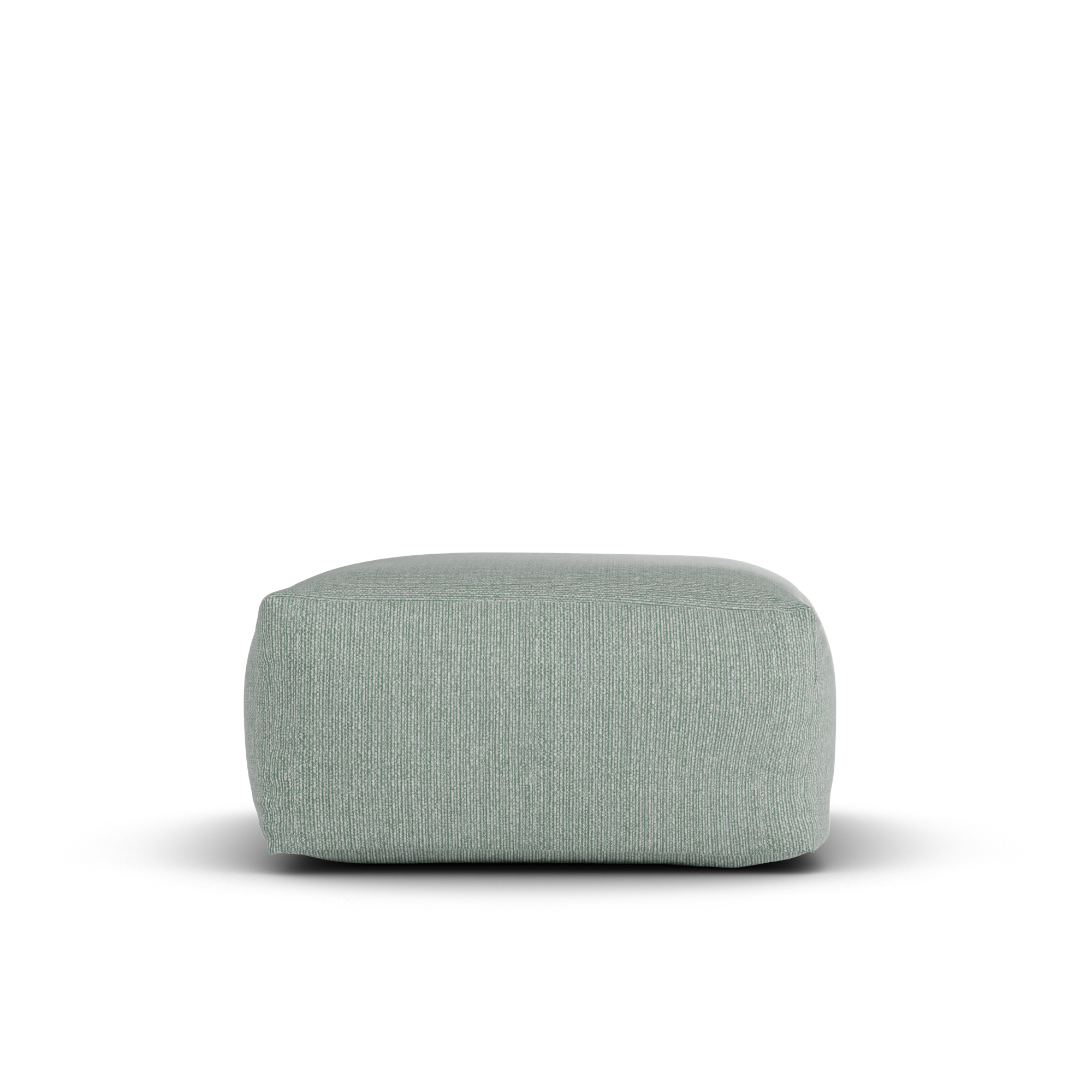 Zijaanzicht van de zeegroene Square Pouf van Laui Lounge met zithoogte 34 cm