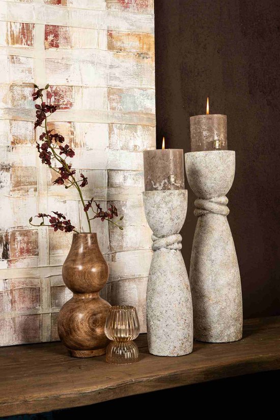 Ornan Grey cement candle holder round detail S PTMD - Kandelaar - PTMD - livinglovely.nl