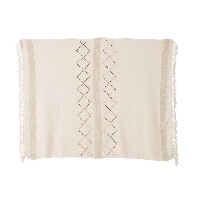 Plaid Diamanten + Franjes Katoen/Pailletten Wit/Goud - Poef - J-Line - livinglovely.nl