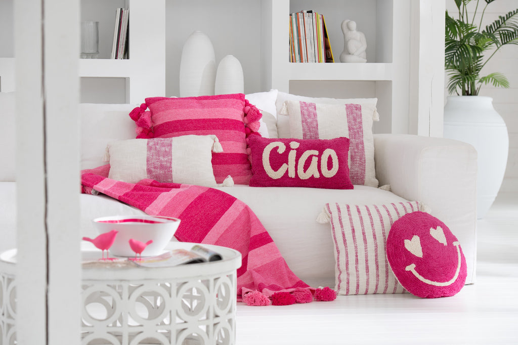 Plaid Strepen + Kwastjes Katoen Roze J-Line - Poef - J-Line - livinglovely.nl