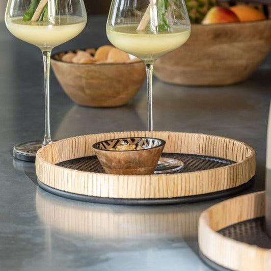 Plateaus Rond Metaal/Rotan Zwart/Naturel Set van 3 - Plateau - J-Line - livinglovely.nl