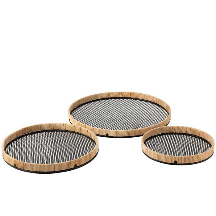 Plateaus Rond Metaal/Rotan Zwart/Naturel Set van 3 - Plateau - J-Line - livinglovely.nl
