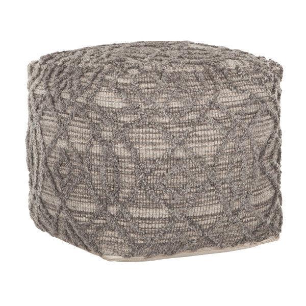 Poef Angel van MUST Living, handgeknoopte wollen poef in naturel en grijs met grafisch design