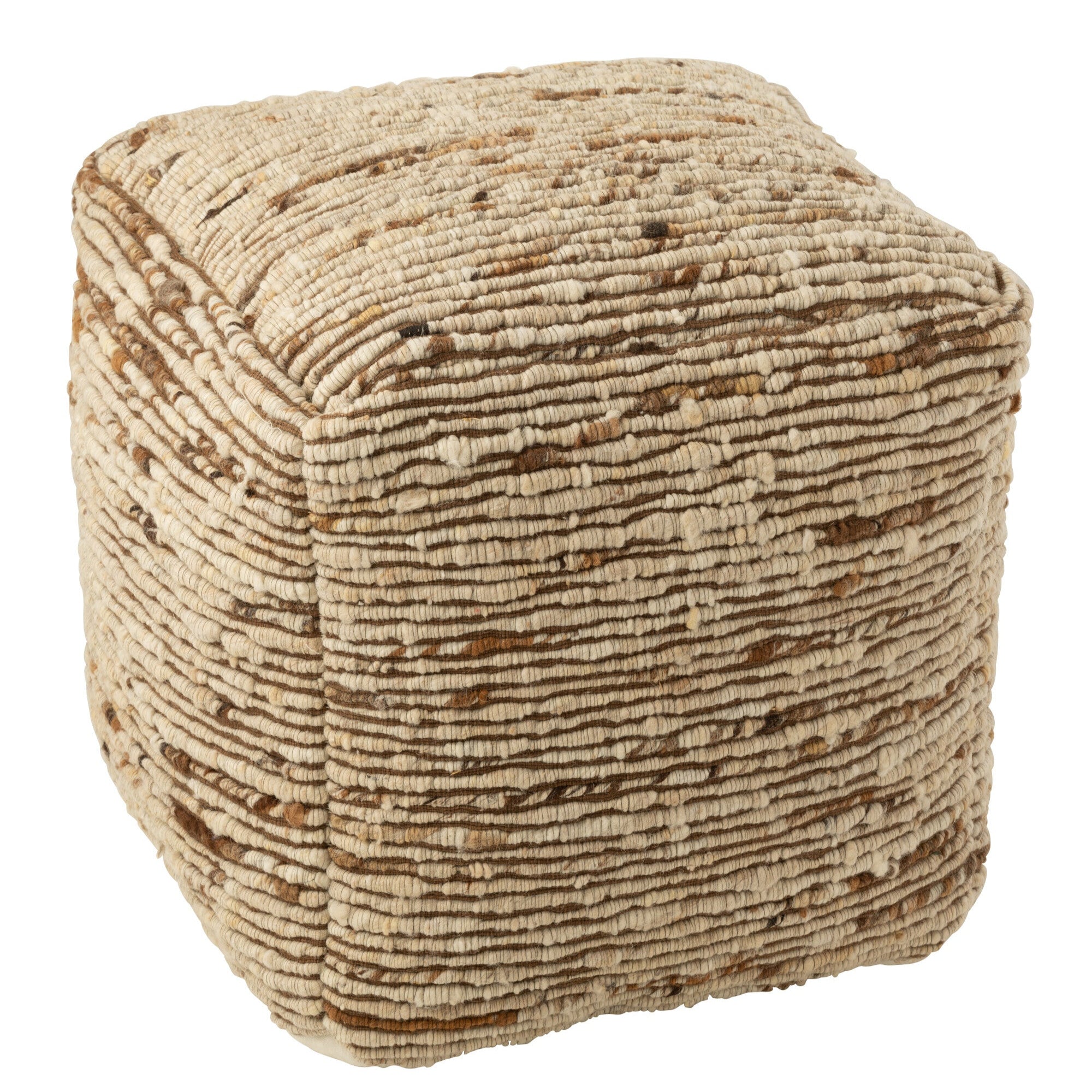 Poef Geweven Wol Ecru/Bruin 45x45x45cm J-Line - Poef - J-Line - livinglovely.nl