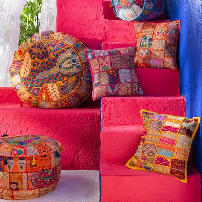 Poef Rond Patronen + Kwasten Katoen Oranje - Poef - J-Line - livinglovely.nl