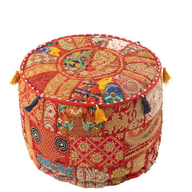Poef Rond Patronen + Kwasten Katoen Rood - Poef - J-Line - livinglovely.nl