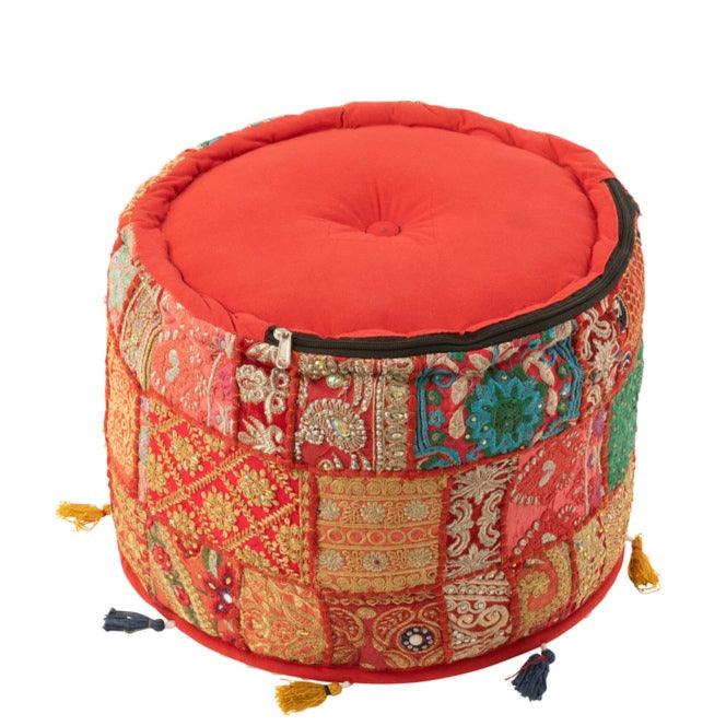 Poef Rond Patronen + Kwasten Katoen Rood - Poef - J-Line - livinglovely.nl