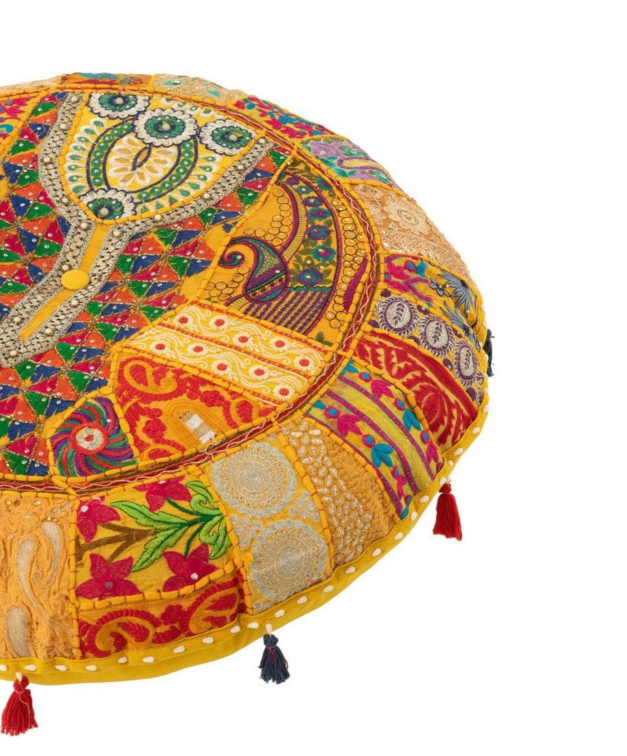 Poef Rond Plat Patronen + Kwasten Katoen Geel - Poef - J-Line - livinglovely.nl