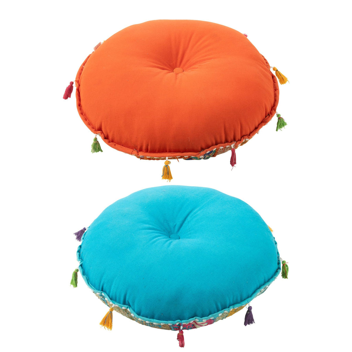 Poef Rond Plat Patronen + Kwasten Katoen Oranje/Blauw Set van 2 J-Line