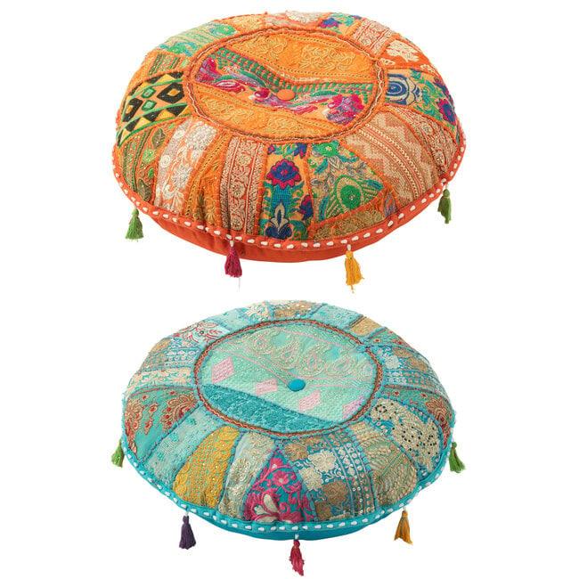 Poef Rond Plat Patronen + Kwasten Katoen Oranje/Blauw Set van 2 - Poef - J-Line - livinglovely.nl