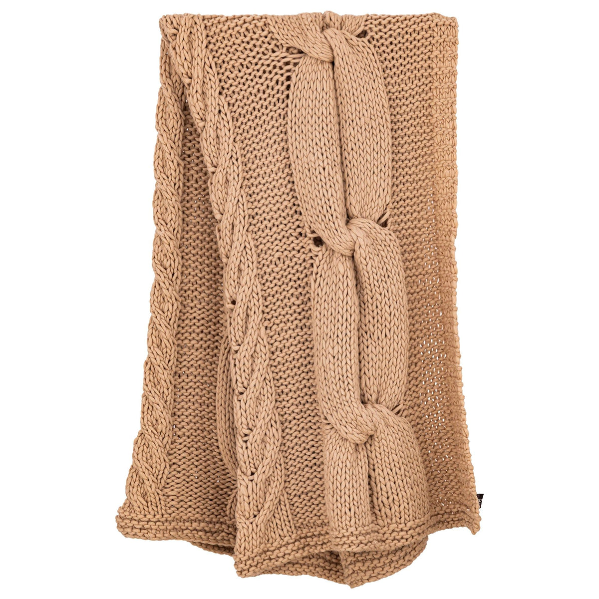 Rama Plaid Wol Handgebreid Taupe van PTMD, productfoto vanuit een andere hoek, handgebreide taupe wollen plaid