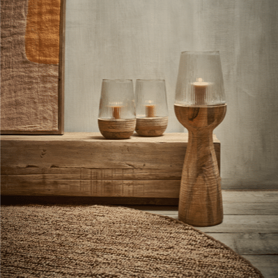 Arbre - Windlicht/vaas - Mango hout / glas - DIA 22 x H 82 cm - Naturel Pomax