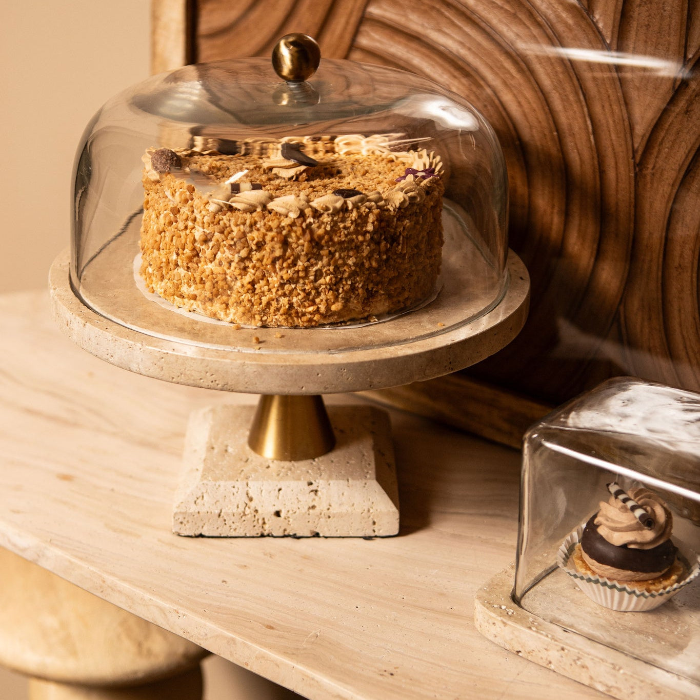 Taartplateau Lyron Naturel Travertine Rond Glas Bell Large PTMD