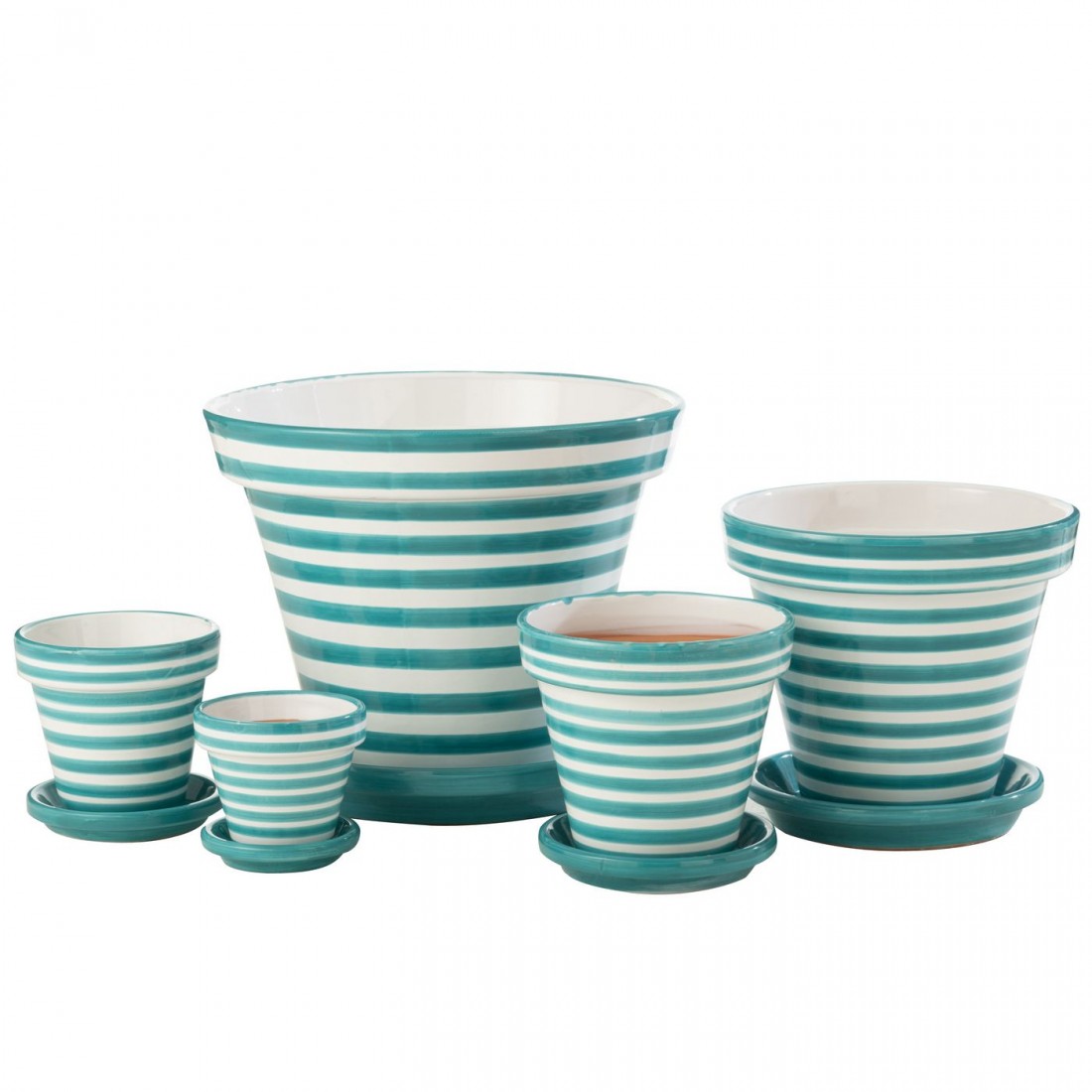 Flowerpot+Plate Granada Stripes Handmade+Painted Ceramic Aqua Extra Large J-Line