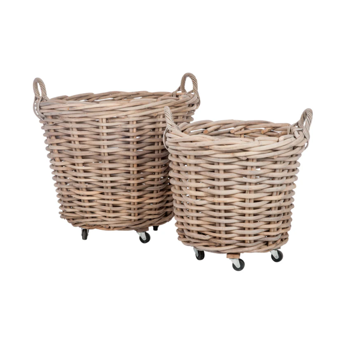 Mand Rond + Handvat Riet Naturel Set van 2 75X60Cm J-Line