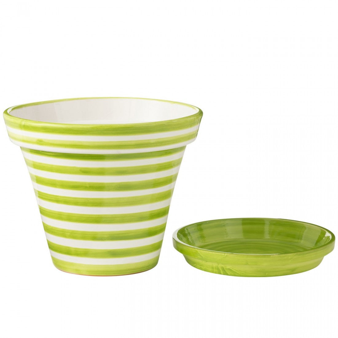 Flowerpot+Plate Granada Stripes Handmade+Painted Ceramic Green Extra Large J-Line