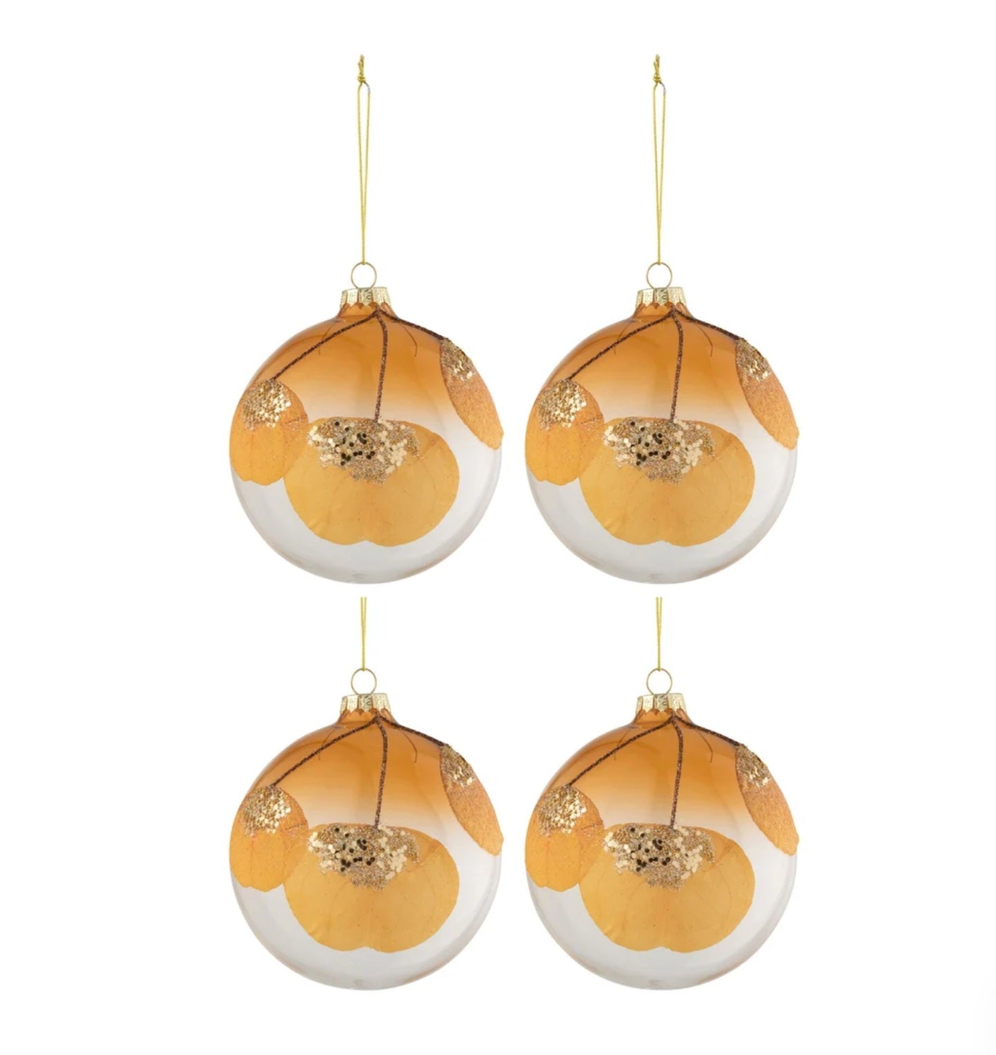 Doos Van 4 Kerstballen Gedroogd Blad Oker+Glitter Glas Transparant Medium J-Line