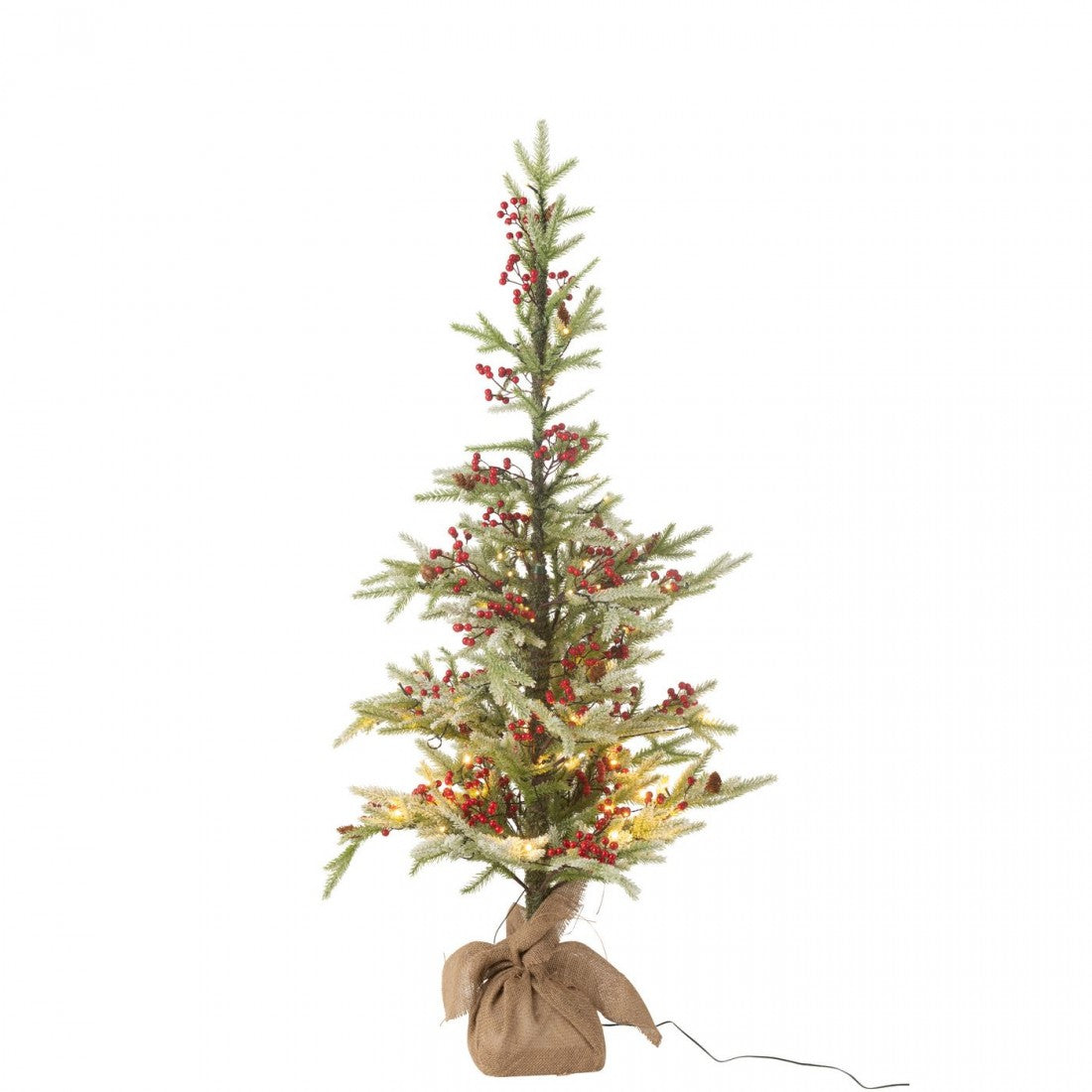 Kerstboom + Jute Zak + Led Kunststof Sneeuw Groen/Rood Small H130cm J-Line