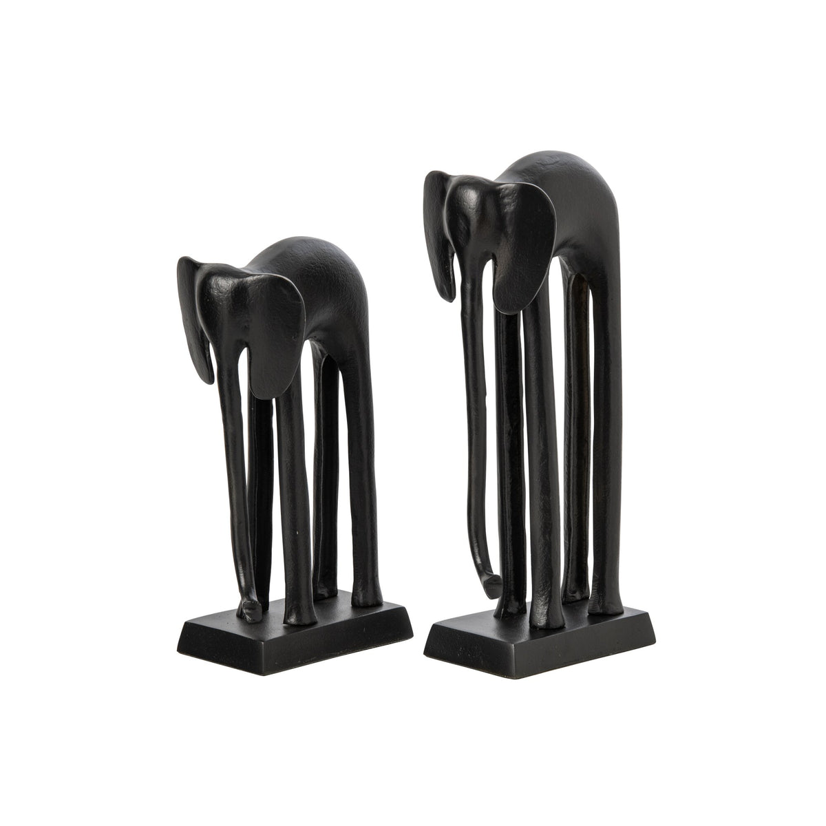 Set Van 2 Beelden Olifant van J-Line, twee gestileerde zwarte aluminium olifanten naast elkaar, vooraanzicht