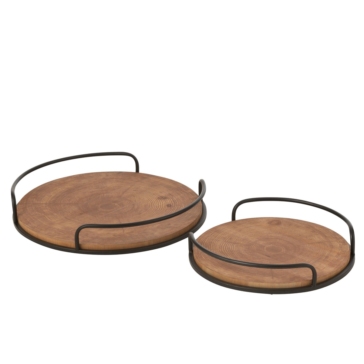 Set van 2 Dienbladen Rond MDF/Ijzer Naturel/Zwart J-Line