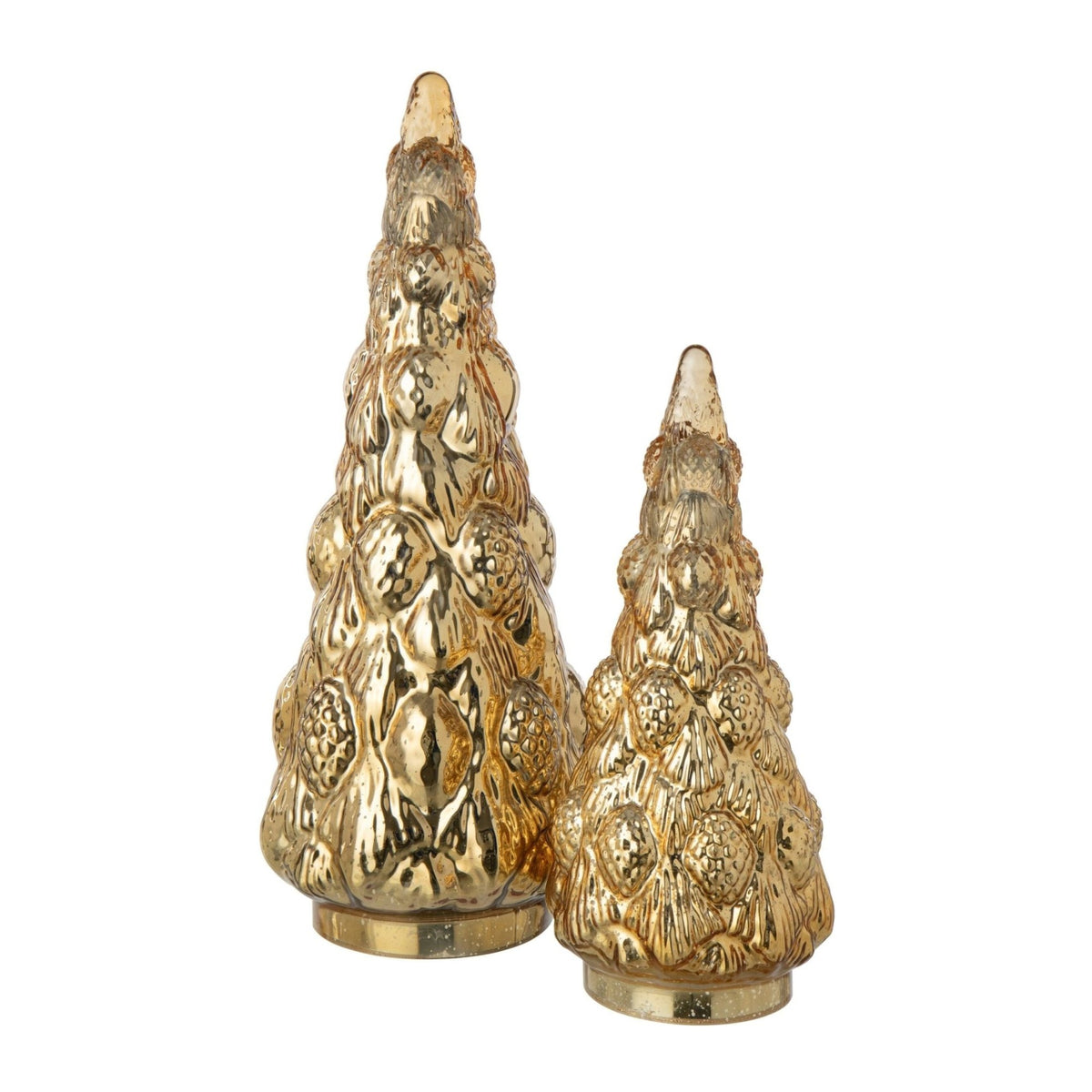 Set Van 2 Kerstbomen Glas Goud van J-Line, de complete set met beide kerstbomen naast elkaar op witte achtergrond