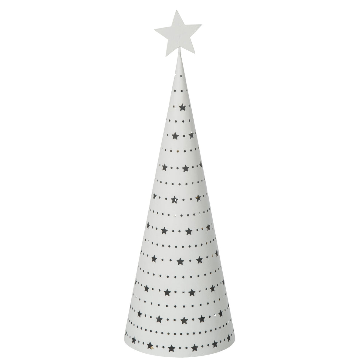 Opengewerkt wit kerstboompje van J-Line van dichtbij met zichtbare ledlampjes