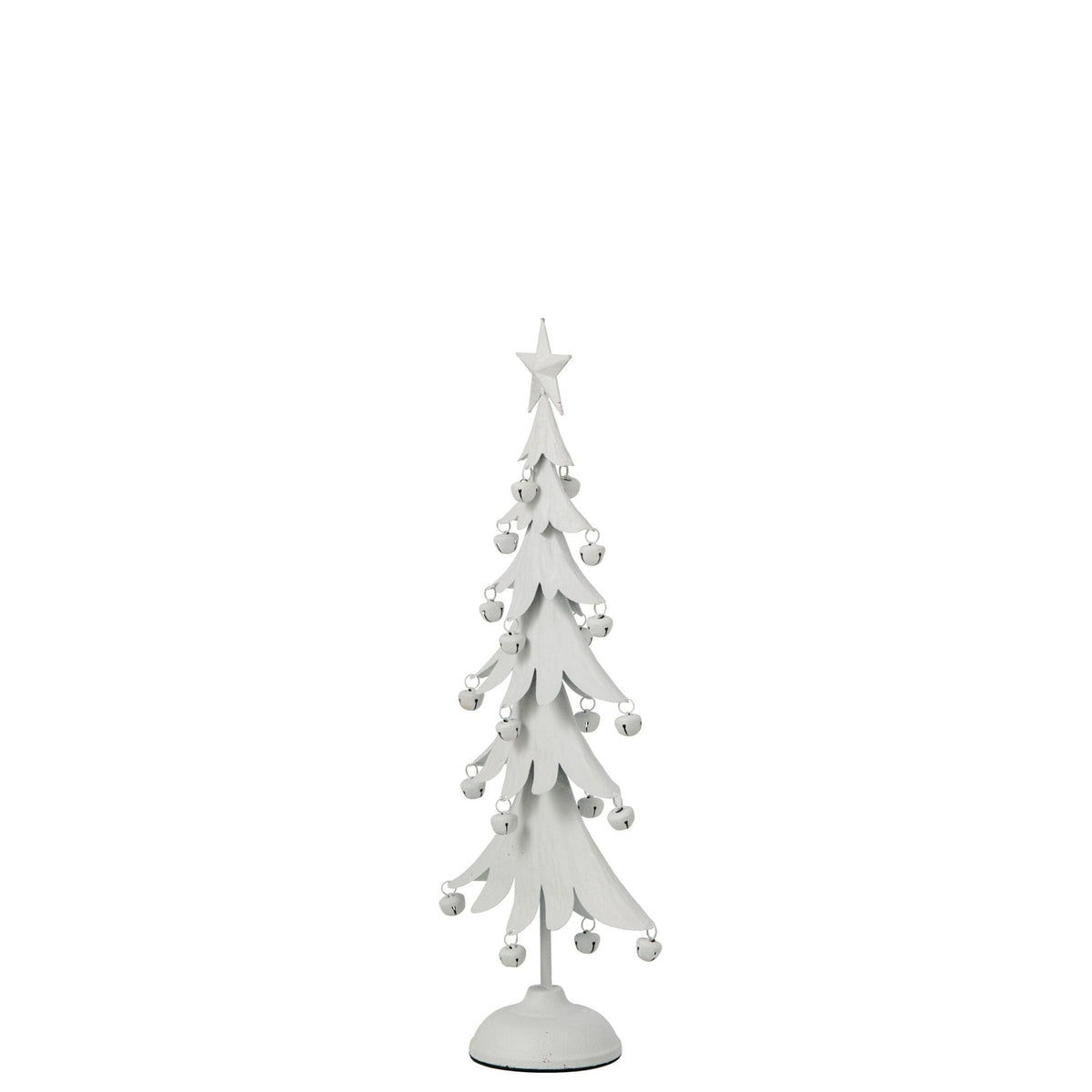 Wit kerstboompje van J-Line van dichtbij, gelaagde takken en hangende belletjes