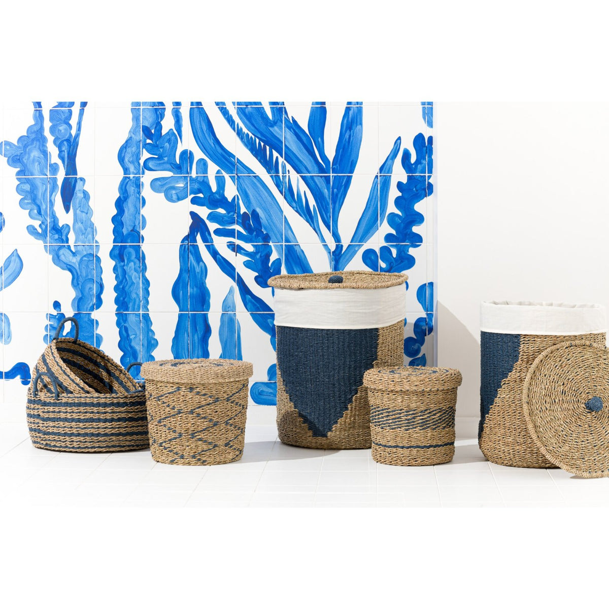 Set van 2 Mand + Deksel Papier Naturel/Blauw J-Line