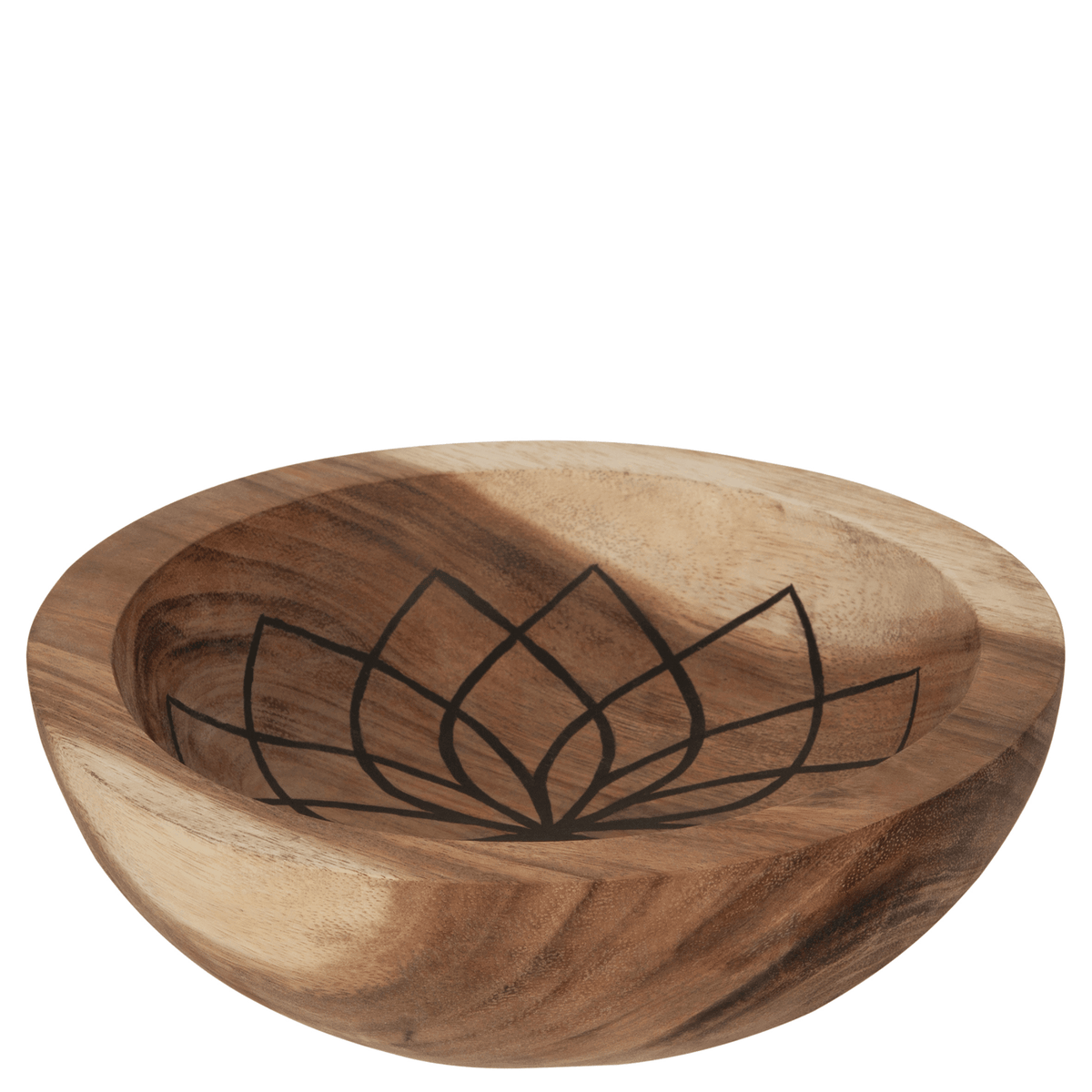 Twee Mandala Lotus schalen van MUST Living naast elkaar in warm teakhout