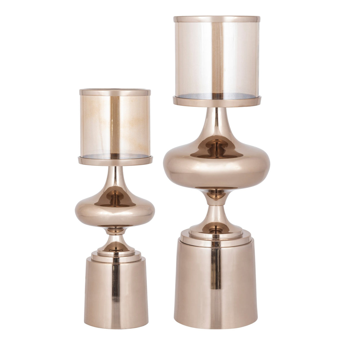 Set Van 2 Uvira Windlichten Amber Bruingoud van PTMD, beide windlichten naast elkaar op witte achtergrond