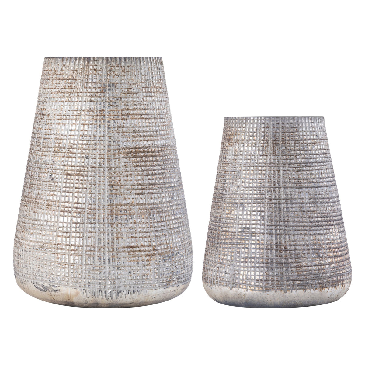 Set Van 2 Windlichten Damin Glas Crème van PTMD, de complete set met beide windlichten naast elkaar op witte achtergrond