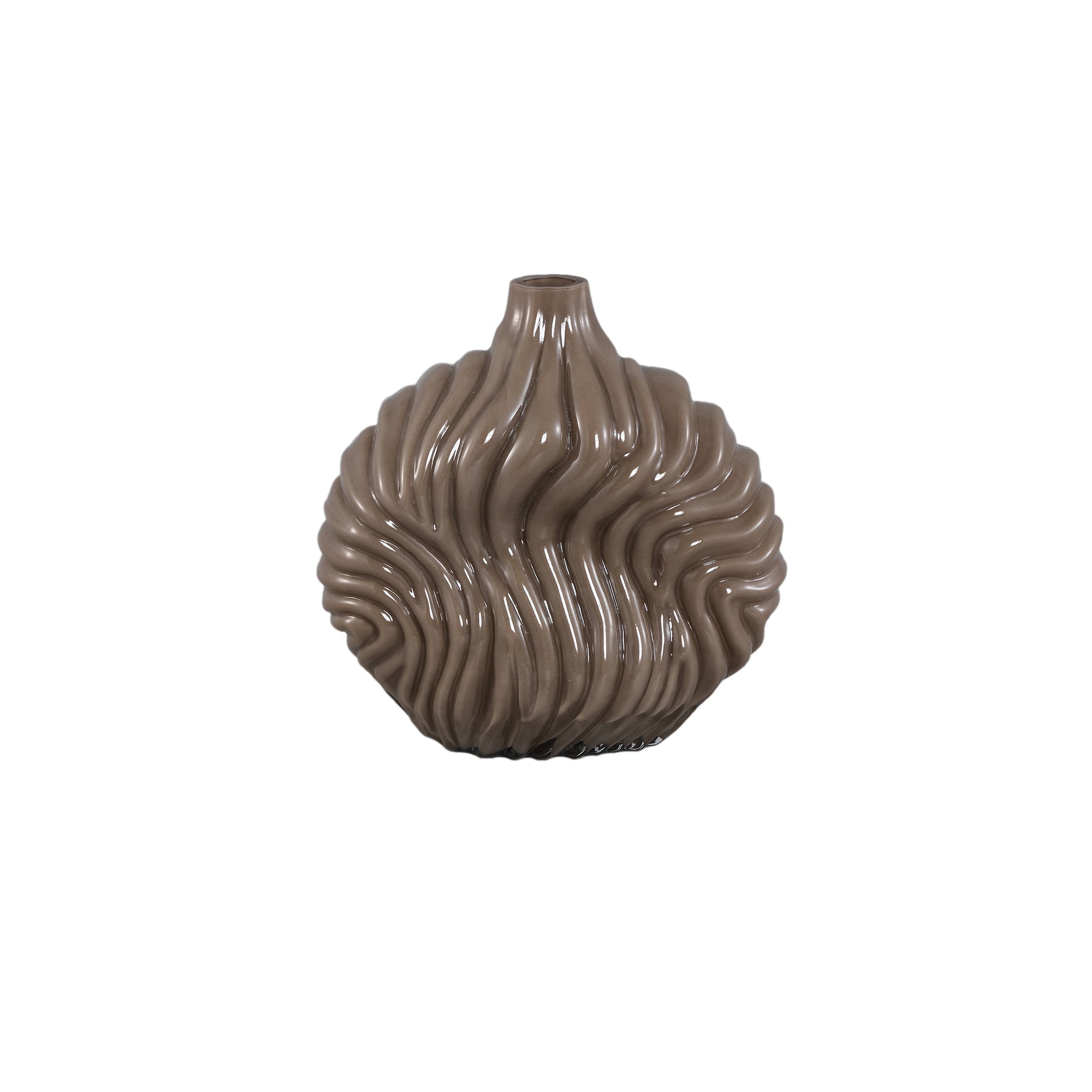 Set Van 3 Kelline Glazen Vazen Ribbel van PTMD, de taupe glazen vaas small op witte achtergrond