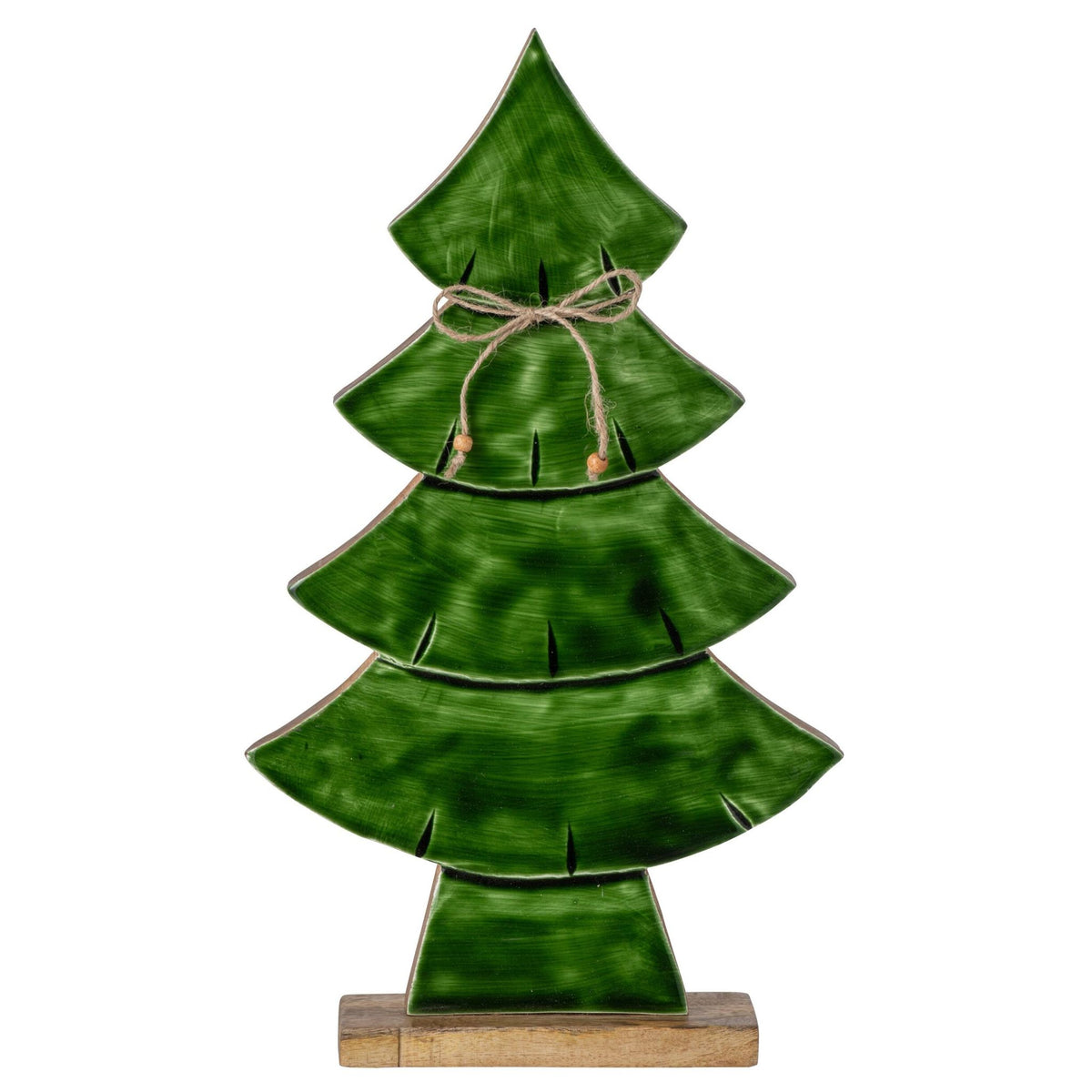 Kerstboom Met Strik Large van J-Line, donkergroen mangohout met jute strik, hoogte 46cm