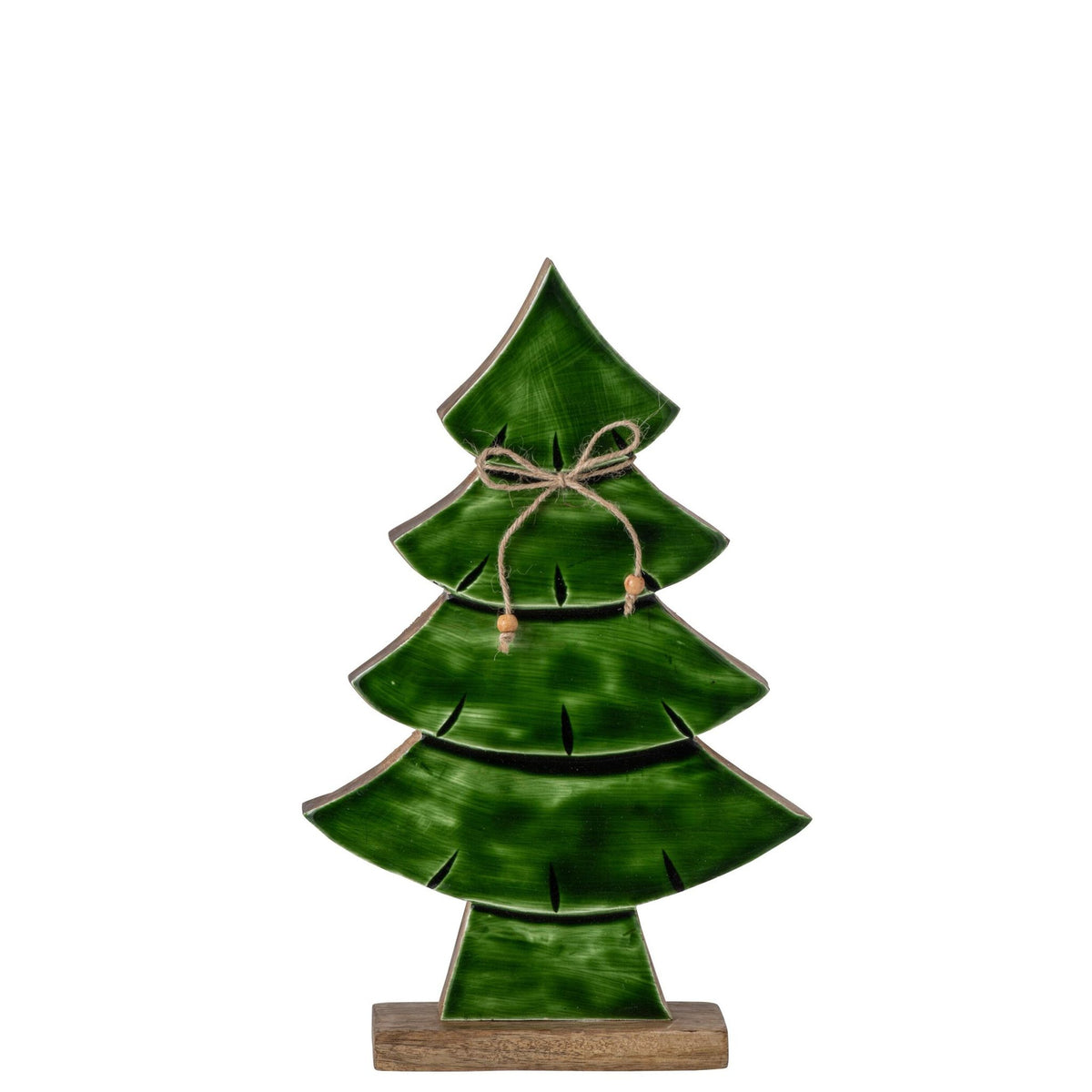 Kerstboom Met Strik Medium van J-Line, groen gebeitst mangohout op naturel voet, hoogte 35cm