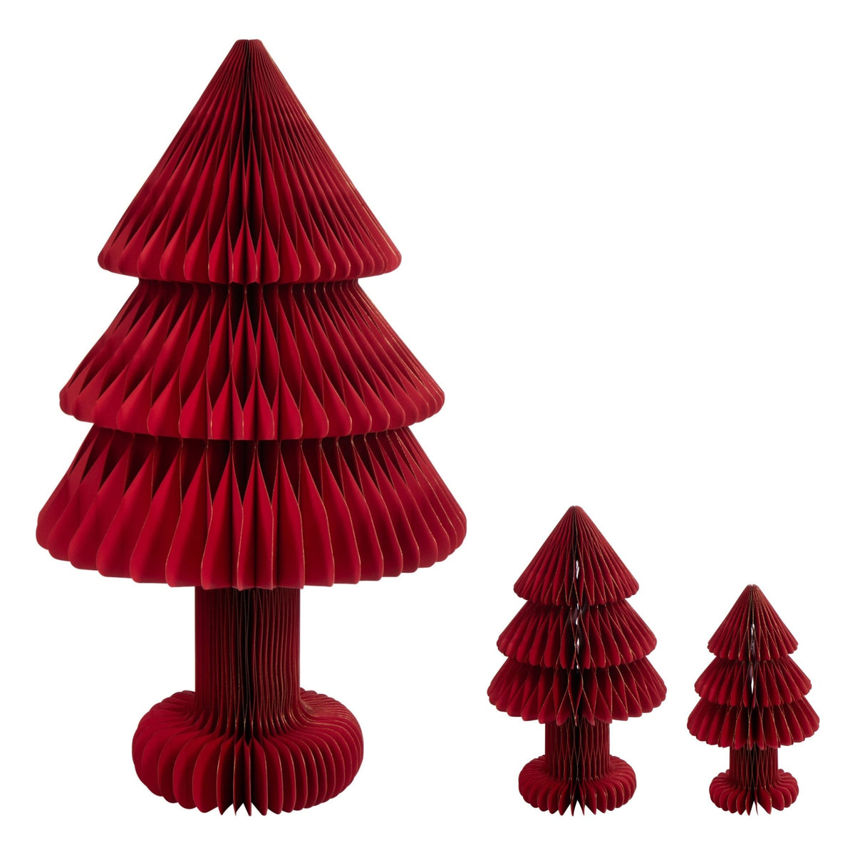 Set Van 3 Kerstbomen Vouwbaar Papier Kerstrood van J-Line, de complete set met alle drie de kerstbomen naast elkaar op witte achtergrond