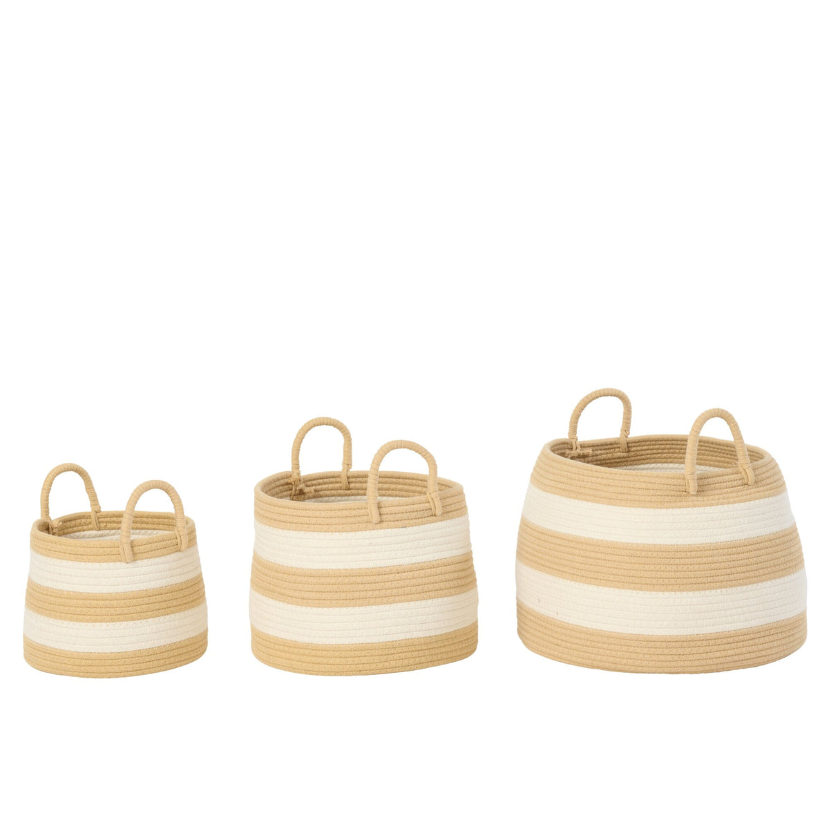 Set Van 3 Mand Met Handvat Rond Gestreept Polyester Naturel/Wit J-Line