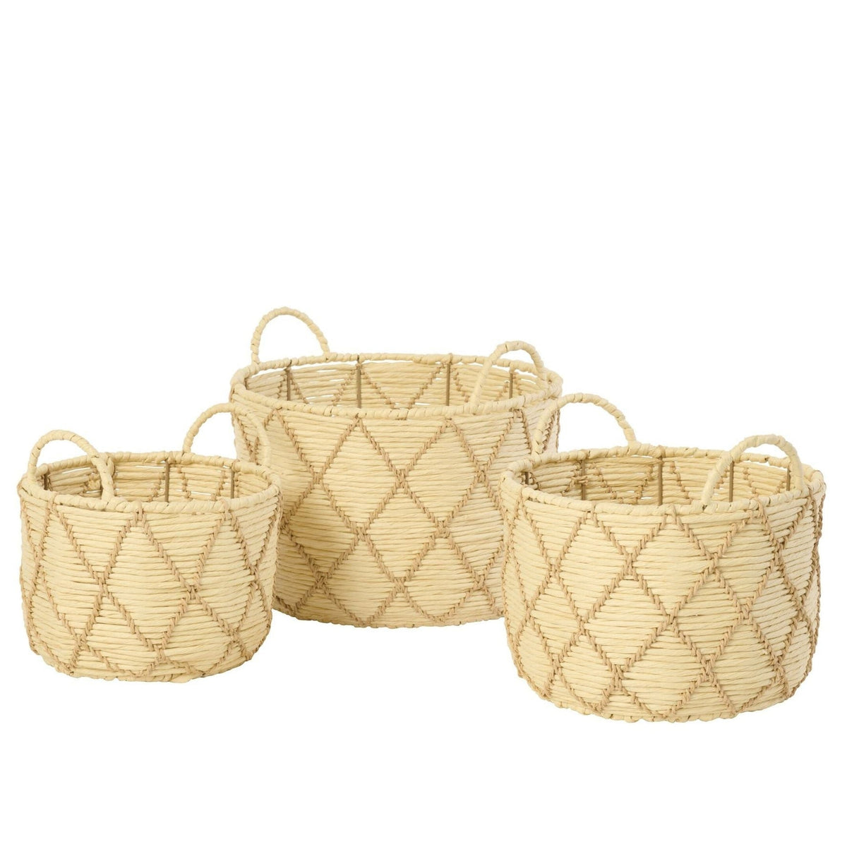Set Van 3 Manden Met Hengsel Geruit Naturel/Beige van J-Line, ronde manden van geruit papier in naturel en beige